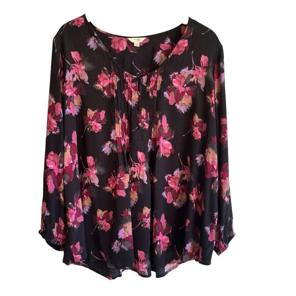 Terra & Sky Womens Dark Floral Top Size 2X Black Bloomcore Pintucks Office - Picture 1 of 11